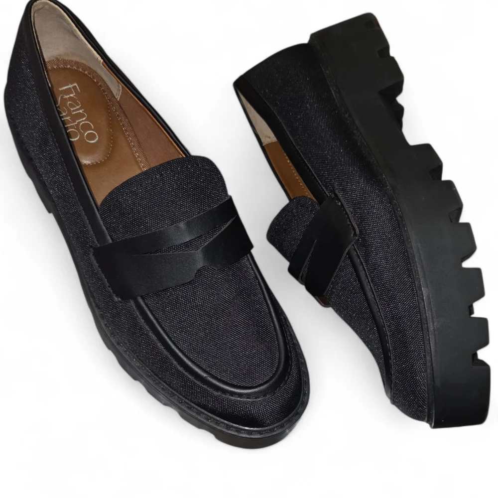 Franco Sarto Women’s Black Fabric Platform Loafers Sz 7.5M – Chunky Sole Slip-On